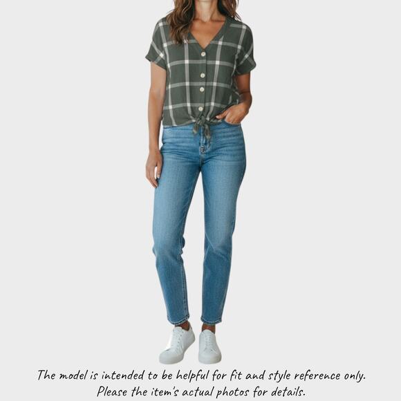 Universal Thread Green Windowpane Print Large Button Front Short Sleeve Top - Picture 1 of 9